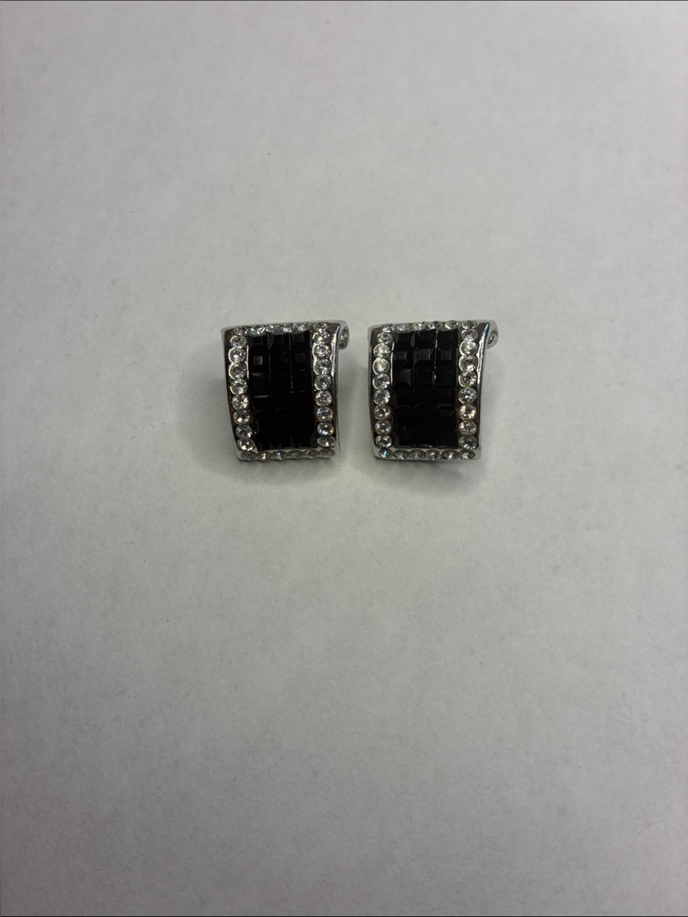 Vintage Jarin Earrings Black Crystal Rectangle Clip-On  with Clear Accents